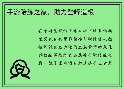 手游陪练之巅，助力登峰造极